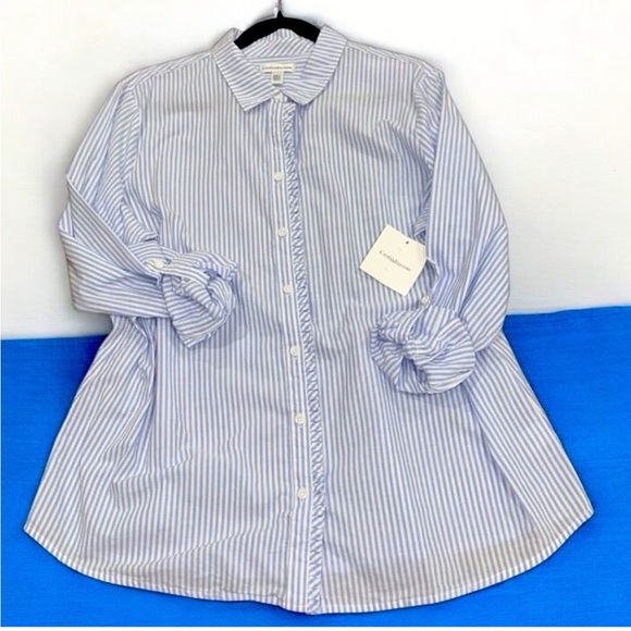 croft & barrow Tops - NWT Blue White Striped Womens Blouse button down ruffle detail Shirt XXL